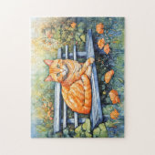 Waterverf van Cat on Bench in Flower Garden Legpuzzel (Verticaal)