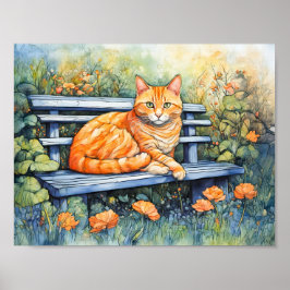Waterverf van Cat on Bench in Flower Garden Poster