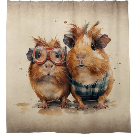 Waterverf van cavia Pet Cute Couple Kunstruimte Douchegordijn (Voorkant)