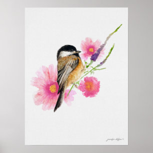 Waterverf van Chickadee Bird Flowers Poster