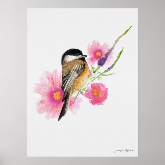Waterverf van Chickadee Bird Flowers Poster (Voorkant)
