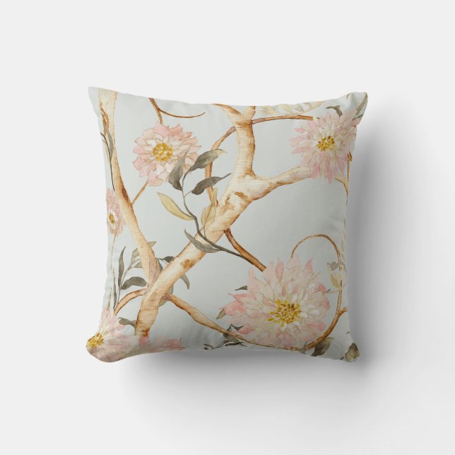 Waterverf van Chinoiserie Floral Dusty Blue in roz Kussen (Voorkant)