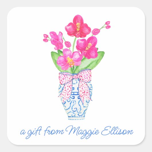 Waterverf van Chinoiserie Ginger Jar Orchid Gift Vierkante Sticker (Voorkant)