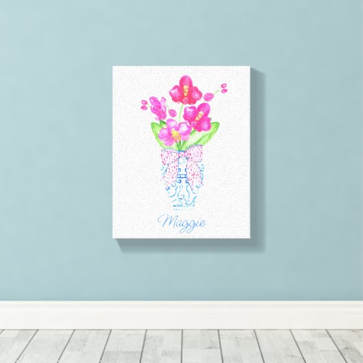 Waterverf van Chinoiserie Ginger Jar Orchids Canvas Afdruk (Insitu (Houten vloer))