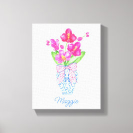 Waterverf van Chinoiserie Ginger Jar Orchids Canvas Afdruk