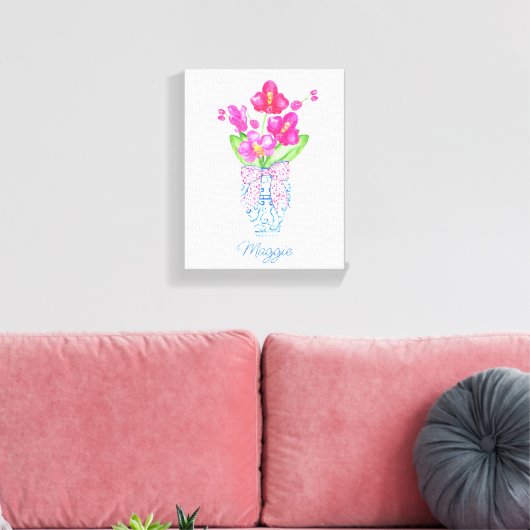 Waterverf van Chinoiserie Ginger Jar Orchids Canvas Afdruk (Insitu (Woonkamer))