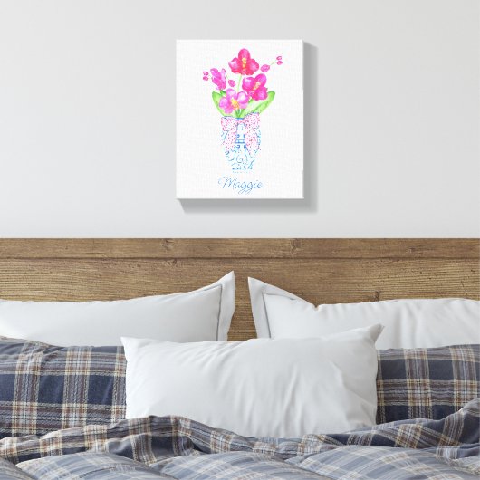 Waterverf van Chinoiserie Ginger Jar Orchids Canvas Afdruk (Insitu (Slaapkamer))