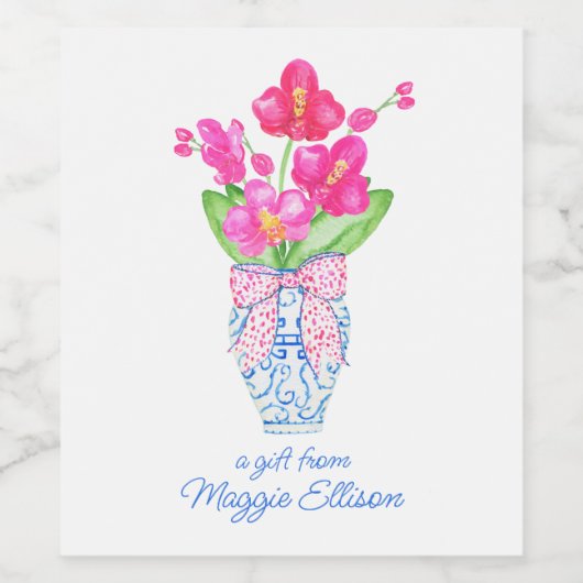 Waterverf van Chinoiserie Ginger Jar Orchids Wijn Etiket (Enkel label)