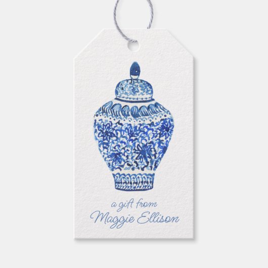 Waterverf van Chinoiserie Ginger Jar Vase Gift Lab Cadeaulabel (Voorkant)