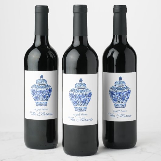 Waterverf van Chinoiserie Ginger Jar Vase Wijn Etiket (Flessen)