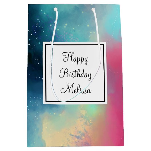 Waterverf van Cool Green & Red Space Nebula Birthd Medium Cadeauzakje (Voorkant)