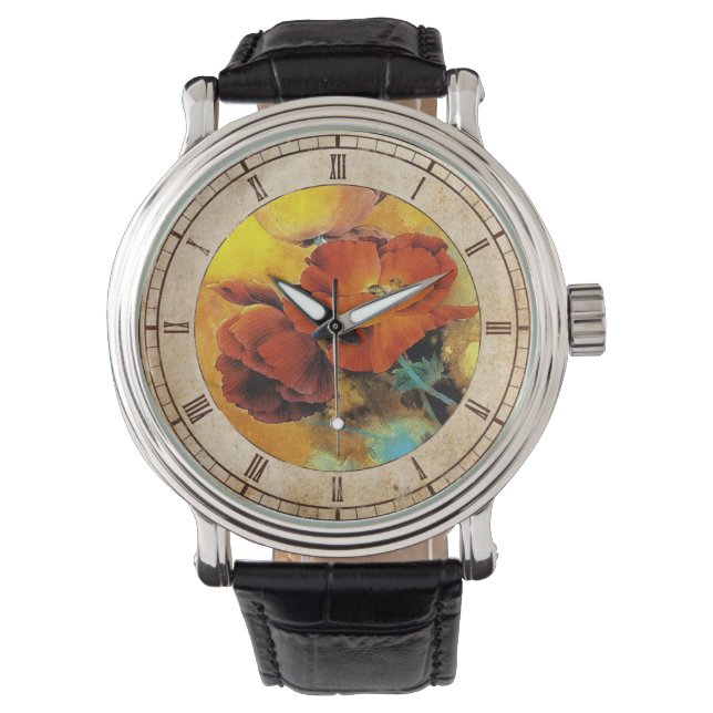 Waterverf van cool orientale chinese rode papaverb horloge (Voorkant)