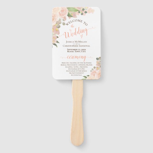 Waterverf van Coral Peach Floral Boho Wedding Prog Handwaaier (Voorkant)
