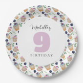 Waterverf van cupcakes en vruchten, gemonogd papieren bordje (Voorkant)