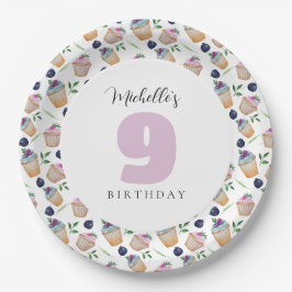 Waterverf van cupcakes en vruchten, gemonogd papieren bordje