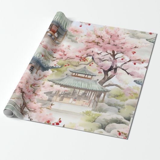 Waterverf van de Aziatische Pagode te midden van k Cadeaupapier (Uitgerold)