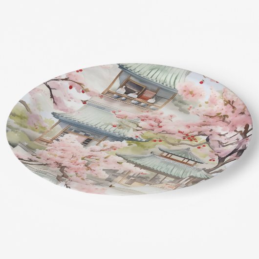 Waterverf van de Aziatische Pagode te midden van k Papieren Bordje (Gekanteld)