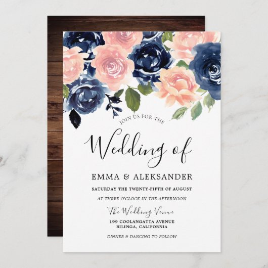 Waterverf van de Blush & Navy Floral Rustic Weddin Kaart (Voorkant / Achterkant)