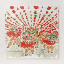 Waterverf van de Chinese Lion Dance Jigzaag Puzzle