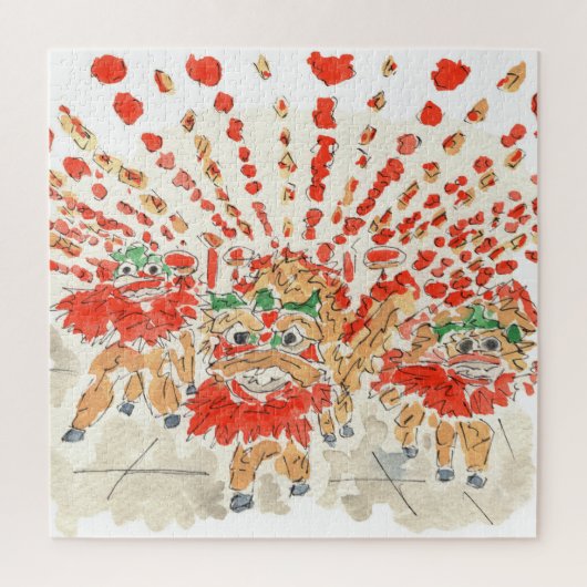 Waterverf van de Chinese Lion Dance Jigzaag Puzzle Legpuzzel (Verticaal)