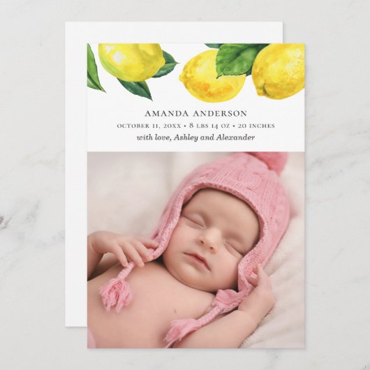 Waterverf van de citrustuin. Pasgeboren. Lemon geb Aankondiging (Voorkant / Achterkant)