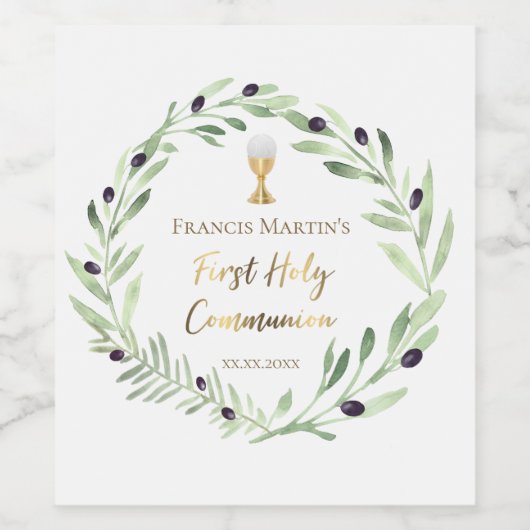 Waterverf van de eerste heilige gemeenschap wijn etiket (Enkel label)