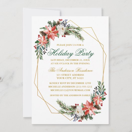 Waterverf van de feestdag Poinsettia Gold Green Kaart (Voorkant)