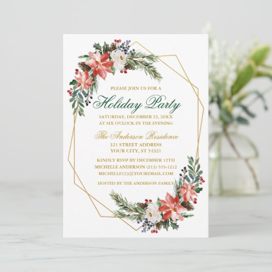 Waterverf van de feestdag Poinsettia Gold Green Kaart (Staand voorkant)