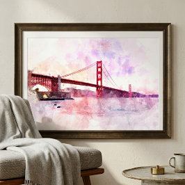 Waterverf van de Golden Gate Bridge bij zonsonderg Foto Afdruk