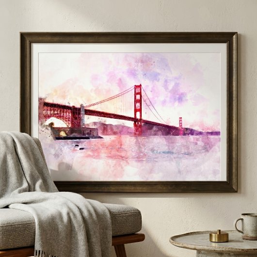 Waterverf van de Golden Gate Bridge bij zonsonderg Foto Afdruk