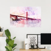 Waterverf van de Golden Gate Bridge bij zonsonderg Poster (Thuiskantoor)