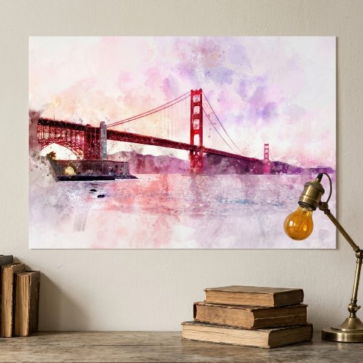 Waterverf van de Golden Gate Bridge bij zonsonderg Poster