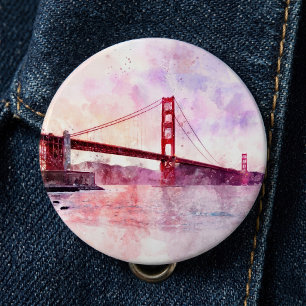 Waterverf van de Golden Gate Bridge bij zonsonderg Ronde Button 6,0 Cm