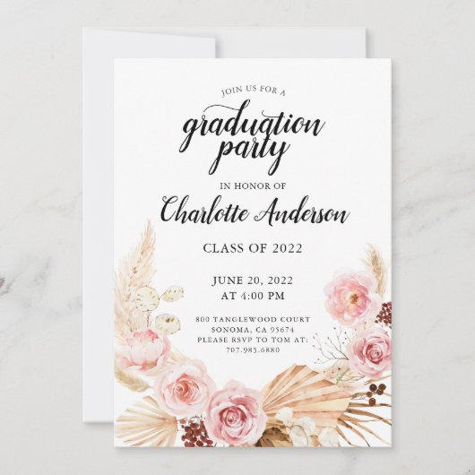 Waterverf van de GraduPartij Blush Pink Floral Kaart (Voorkant)