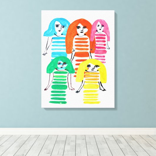 Waterverf van de grappige, kleurrijke meisjespop canvas afdruk (Insitu (Houten vloer))