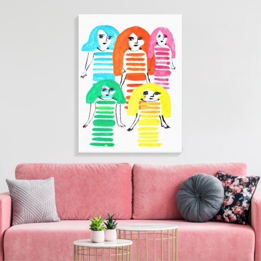 Waterverf van de grappige, kleurrijke meisjespop canvas afdruk (Insitu (Woonkamer))