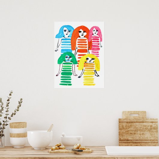 Waterverf van de grappige, kleurrijke meisjespop poster (Keuken)