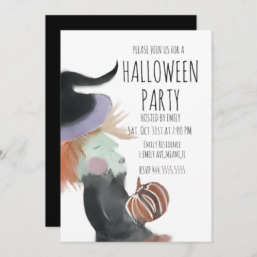 Waterverf van de  Halloween-partij: Witch Pumpkin Kaart (Voorkant / Achterkant)