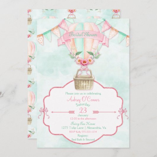 Waterverf van de hete luchtballon Roze Mint Peach Kaart (Voorkant / Achterkant)