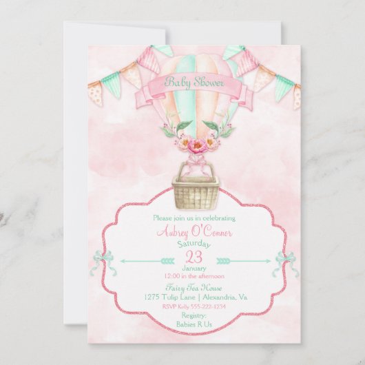 Waterverf van de hete luchtballon Roze Mint Peach Kaart (Voorkant)