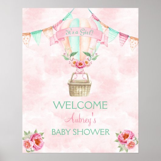 Waterverf van de hete luchtballon Roze Mint Peach Poster (Voorkant)