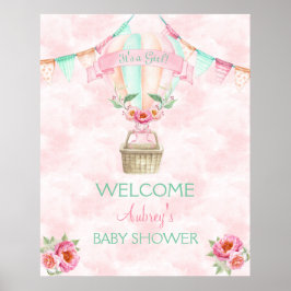 Waterverf van de hete luchtballon Roze Mint Peach  Poster