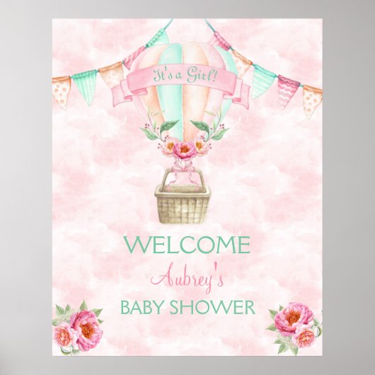 Waterverf van de hete luchtballon Roze Mint Peach  Poster (Voorkant)