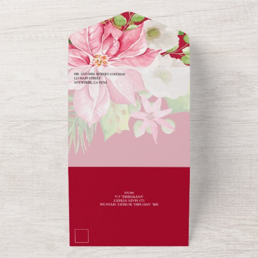 Waterverf van de kerstbruiloft Poinsettia All In One Uitnodiging (Buitenkant)