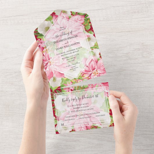 Waterverf van de kerstbruiloft Poinsettia All In One Uitnodiging (Afscheurbaar)