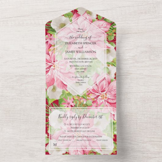 Waterverf van de kerstbruiloft Poinsettia All In One Uitnodiging (Binnen)
