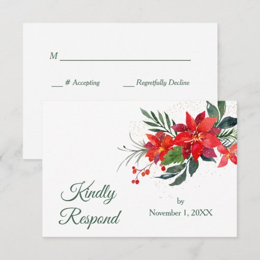 Waterverf van de kerstbruiloft Poinsettia RSVP Kaartje (Voorkant / Achterkant)