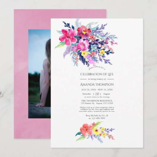 Waterverf van de kleurrijke Floral Celebration of  Kaart (Voorkant / Achterkant)