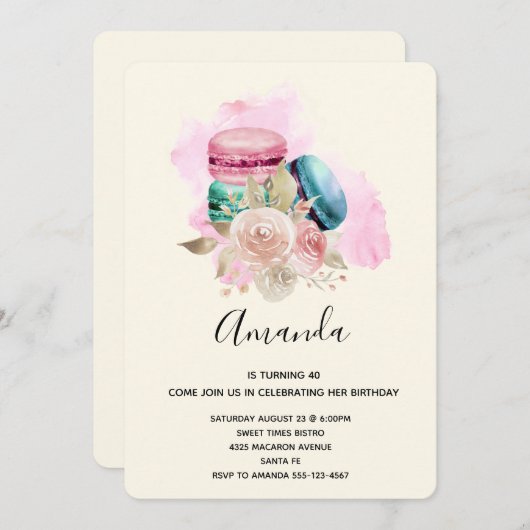 Waterverf van de Kleurrijke Macarons en de Bloemen Kaart (Voorkant / Achterkant)