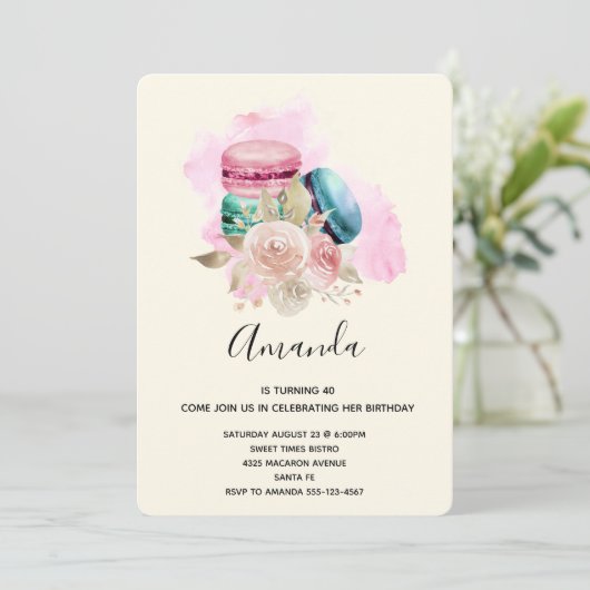 Waterverf van de Kleurrijke Macarons en de Bloemen Kaart (Staand voorkant)